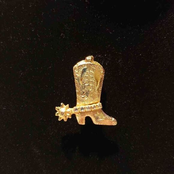 Matte Gold Tone Rhinestone Western Cowboy Boot Spur Brooch Pin - Picture 1 of 3